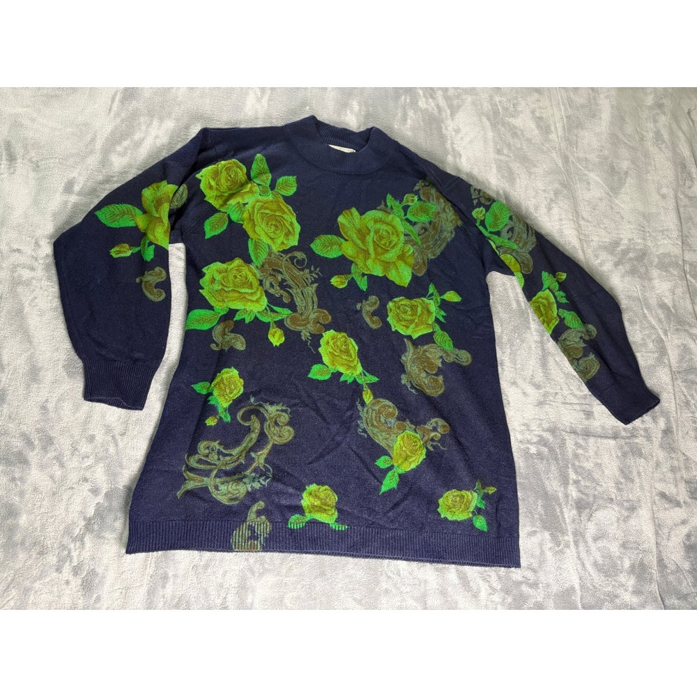 General Womens Vintage Floral Rose Mock Neck Knit Sweater Navy Green- No Tag